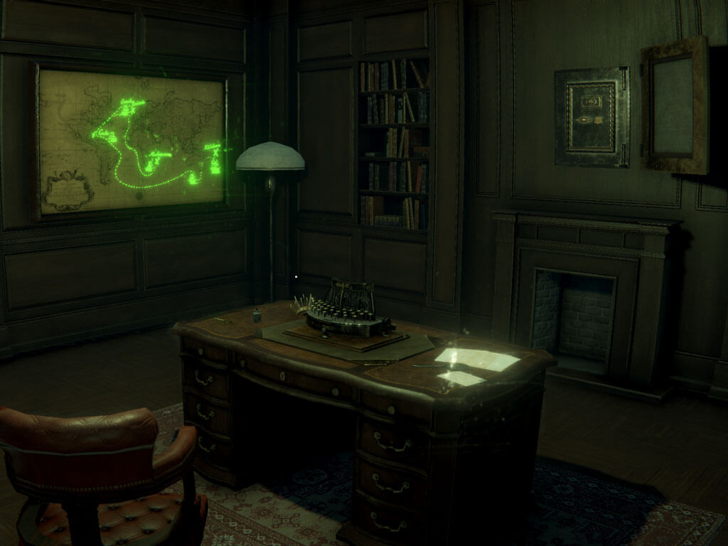 The crimson manor office showing the world map puzzle mechanics